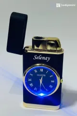 Kişiye Özel Isim Baskılı Saatli Çakmak, Led Işıklı Saat Göstergeli Turbo Çakmak