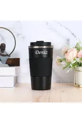 Kişiye Özel Isim Baskılı 500 ml Siyah Termos Mug Kupa, Çay Kahve Termos, Paslanmaz Çelik Araç Içi Termos