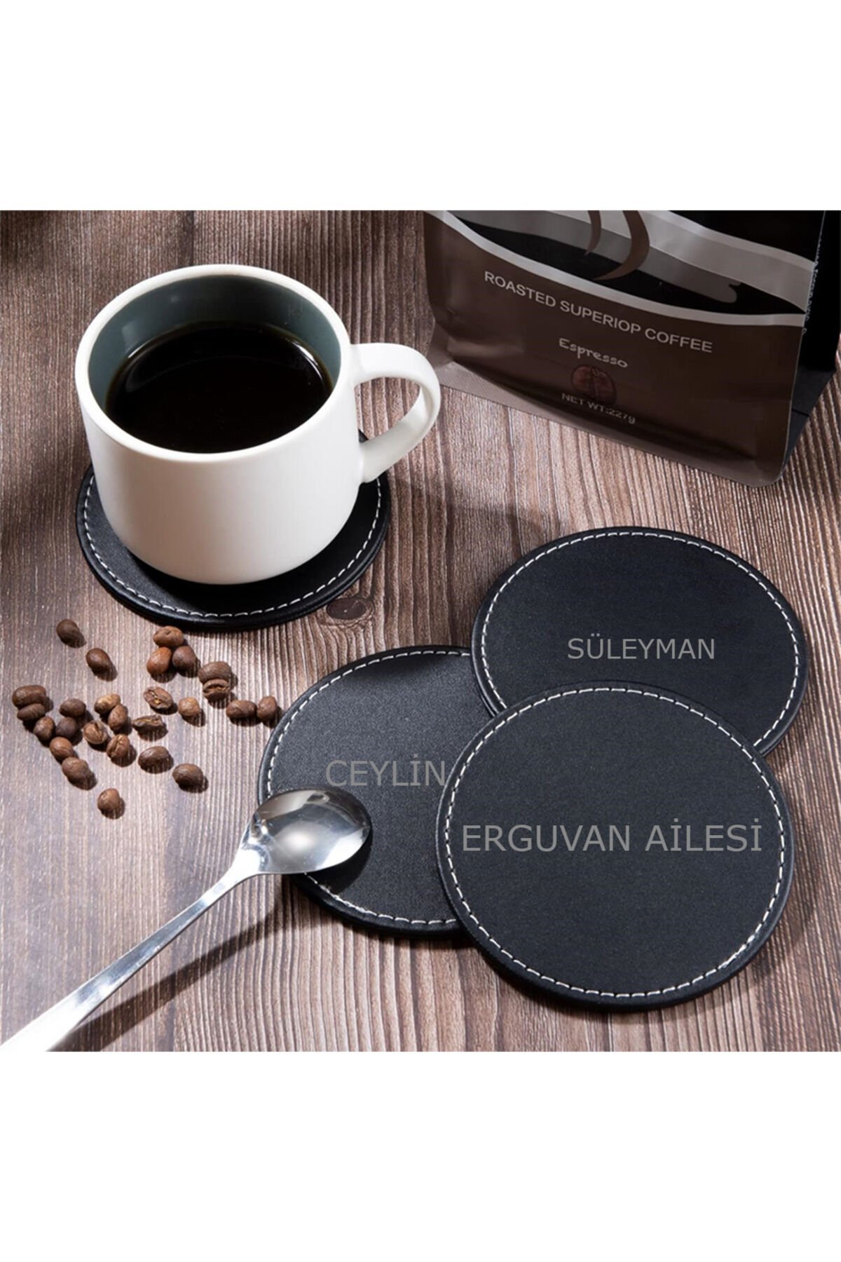 KİŞİYE ÖZEL Suni Deri Bardak Altlığı Çay Kahve Içecek Altlığı SİYAH MASA BARDAK ALTLIĞI