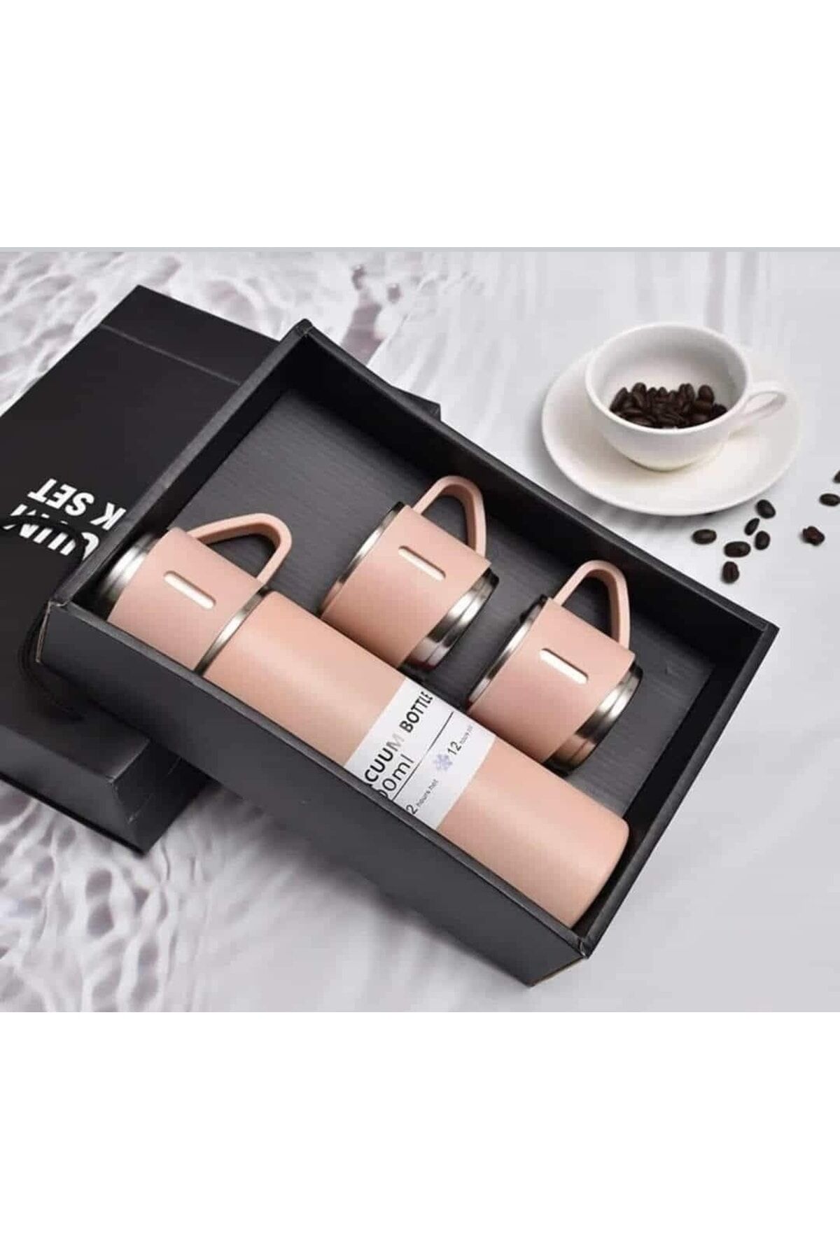 Paslanmaz Çelik Termos Pembe Renk Üç Bardaklı