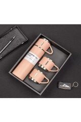 Paslanmaz Çelik Termos Pembe Renk Üç Bardaklı