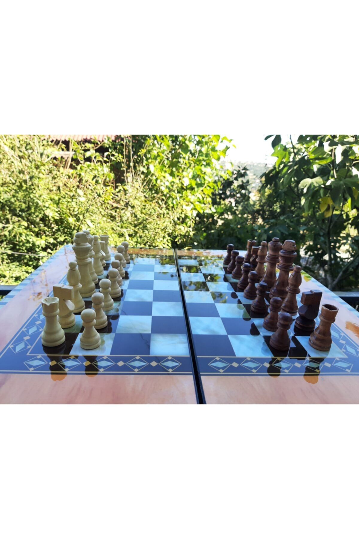 Ahşap Pullu Polyester Tavla Satranç Dama Full Ahşap