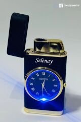 Kişiye Özel Isim Baskılı Saatli Çakmak, Led Işıklı Saat Göstergeli Turbo Çakmak