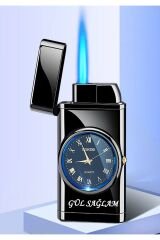 Kişiye Özel Isim Baskılı Saatli Çakmak, Led Işıklı Saat Göstergeli Turbo Çakmak