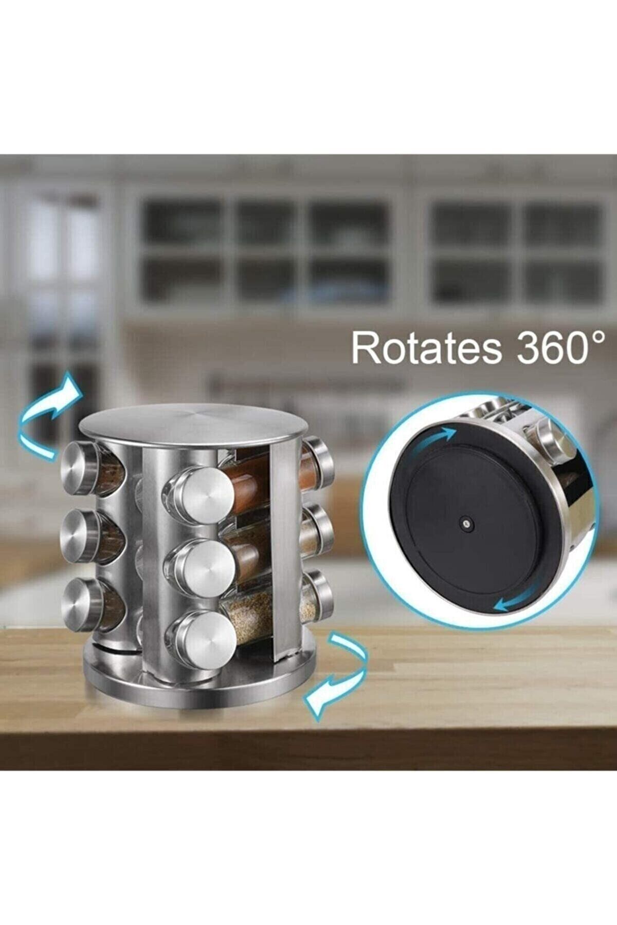 360 Derece Dönebilen Metal Standlı 12'li Döner Cam Baharatlık Seti Dönen Tuzluk Biberlik