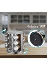 360 Derece Dönebilen Metal Standlı 12'li Döner Cam Baharatlık Seti Dönen Tuzluk Biberlik