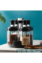 360 Derece Dönebilen Kaşıklı Kapaklı Ve Fırça Kapaklı Baharatlık Standı 4'lü Cam Baharatlık Seti