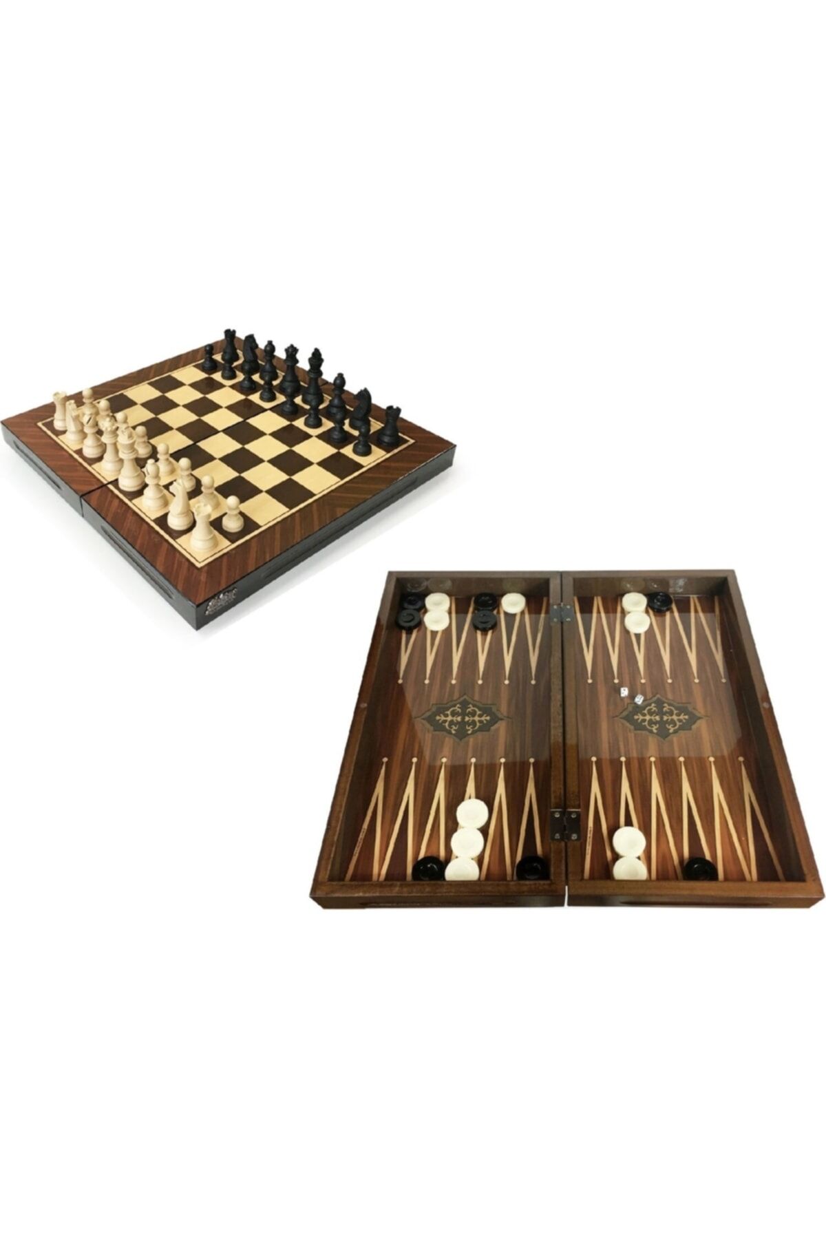 Star Antik Ceviz Tavla Ve Satranç Takımı, Plastik Taşlı Satranç Takımı Kalın Kasalı Lüx Cilalı Tavla