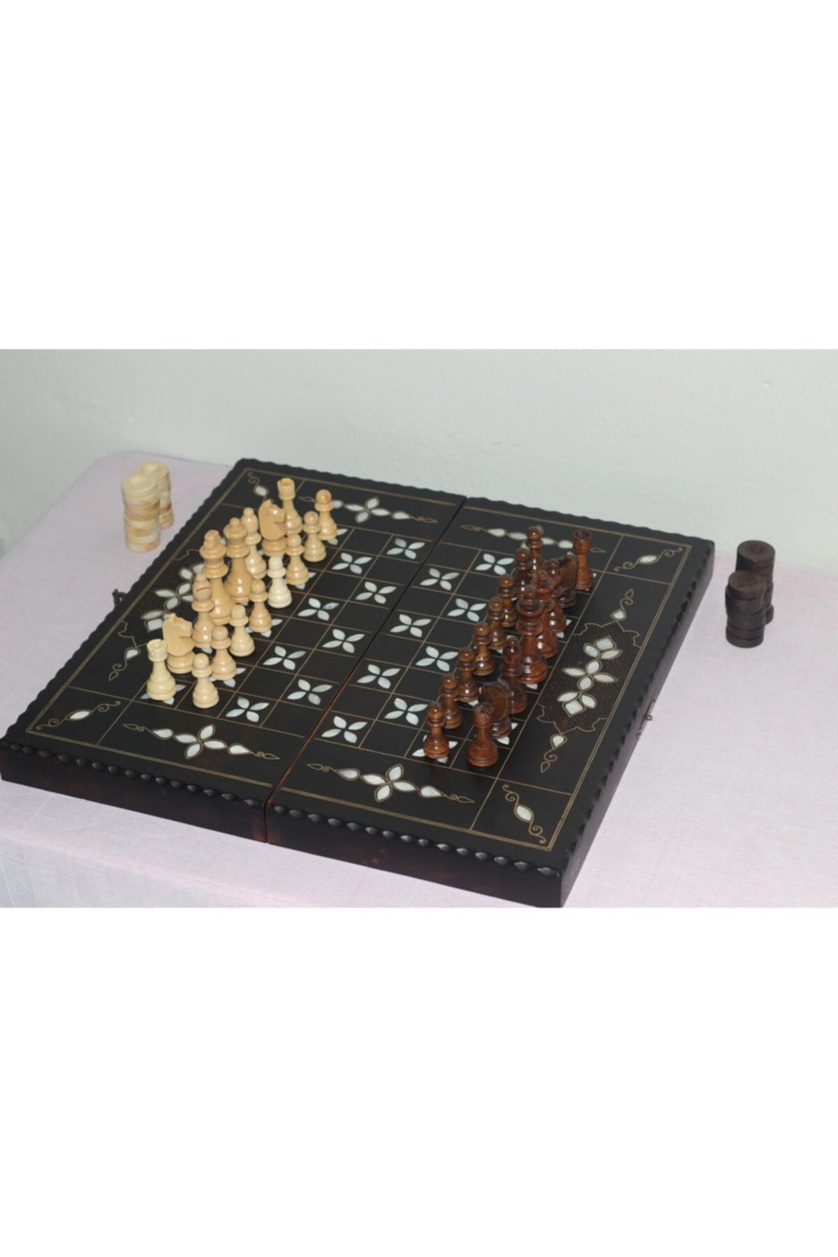 Orjinal El Yapımı Sedef Gömmeli Tavla, Tavla Satranç Seti. Ceviz Satranç Takımı