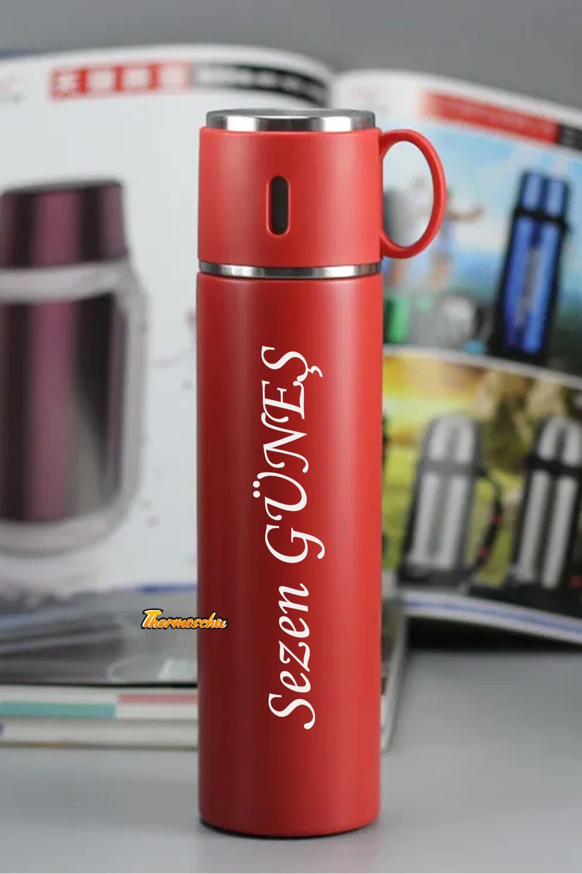 Kişiye Özel 580 ml Renk Seçenekli Bardaklı Termos, Çay Kahve Termos, Piknik Kamp Seyahat Termos