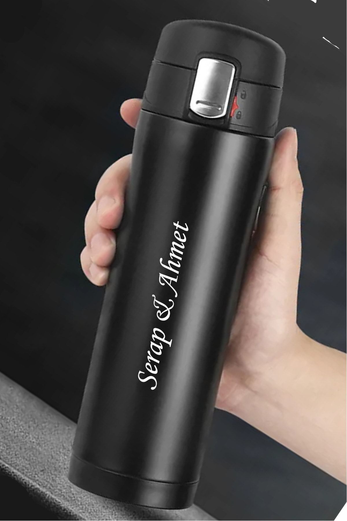 Kişiye Özel Siyah Kilitli Termos 450 Ml, Çay Kahve Kamp Termos, Vakumlu Termos, Soğuk Sıcak Termos