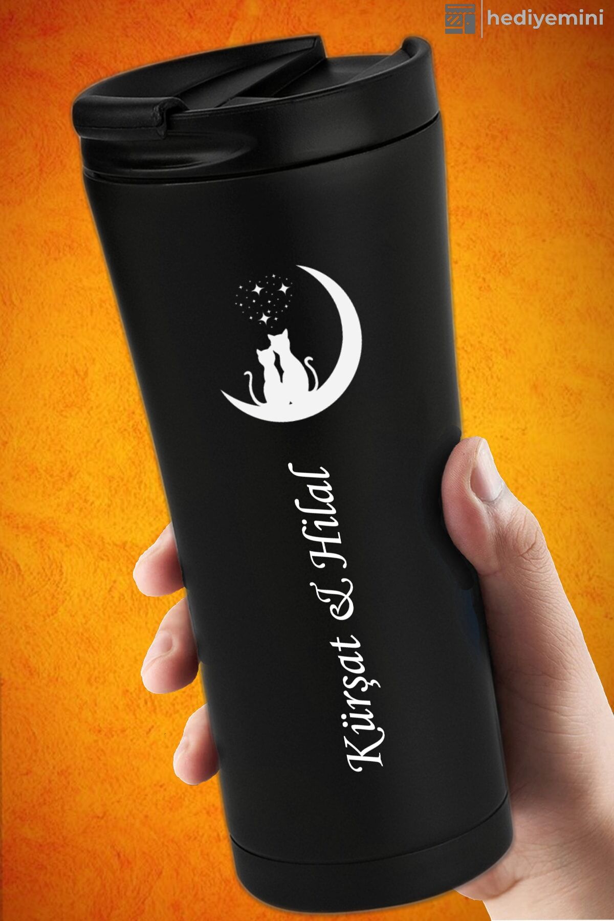 Kişiye Özel Siyah Kilitli Termos 500 Ml, Çay Kahve Kamp Termos, Vakumlu Termos, Soğuk Sıcak Termos